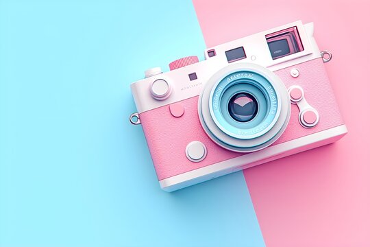 Retro camera on pastel blue and pink background. Vintage professional device for capturing, photographer equipment. World Photography Day. International Photographer Day - Powered by Adobe