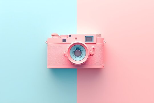 Retro camera on pastel blue and pink background. Vintage professional device for capturing, photographer equipment. World Photography Day. International Photographer Day