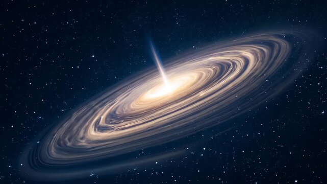 A bright, spiral galaxy in the center of the frame is surrounded by a starry black sky.