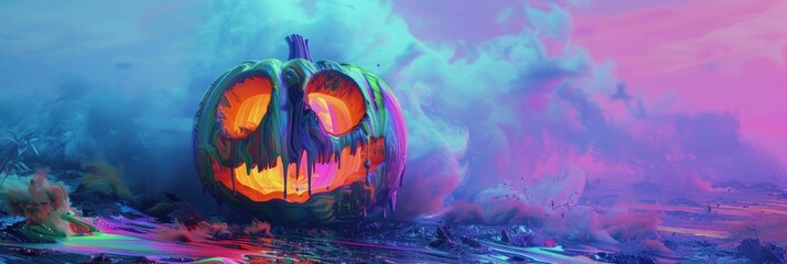 A melting jack - o' - lantern in psychedelic colors, blending into a surreal landscape