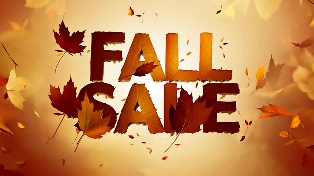 Beautiful animation of autumn maple leaves forming the fall sale text against a golden background with gently falling leaves. Perfect for seasonal promotions and marketing campaigns
