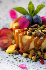 Tropical Dessert Elegance Gourmet Cake with Edible Flowers Exotic Sweet Treat