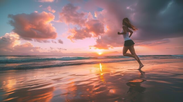 Young woman is running on the beach at sunset, enjoying the freedom and beauty of nature
