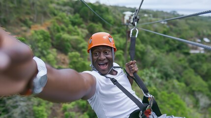 A man enjoying a zip line adventure, capturing the thrill and excitement of the experience.