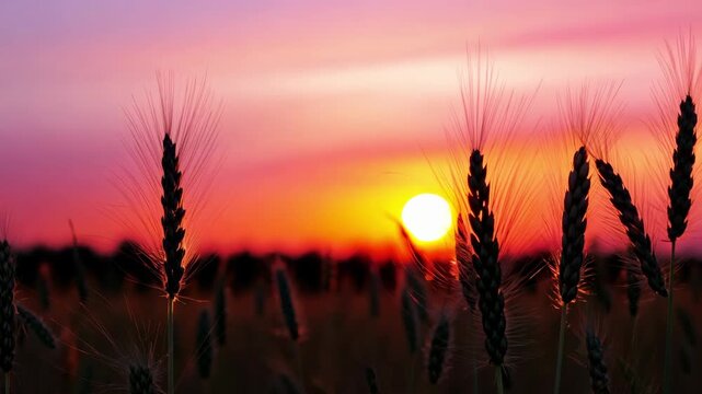 A field of wheat is bathed in the warm glow of a setting sun, with stalks silhouetted against the vibrant orange sky. timelapse