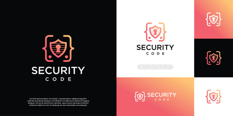 Minimalist shield security code logo, shield security icon set for programming code logo design.