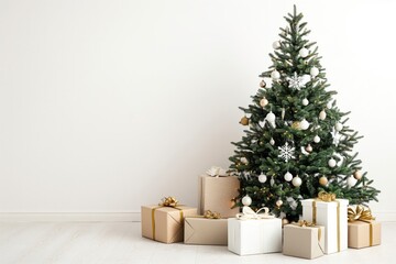 An elegant Christmas tree adorned with gold and white decorations, surrounded by wrapped gifts. Perfect for holiday decor and festive celebrations.