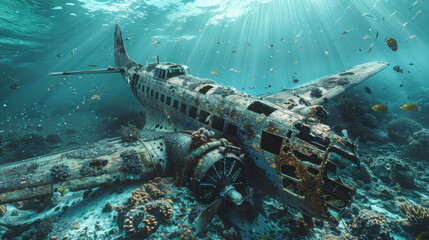 An old plane from the Second World War sunk a long time ago at the bottom of the ocean