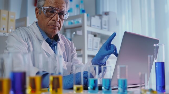 Science, laptop, and senior looking at lab findings and reading internet. Research, man researcher, scientist with instrument, thinking, or data analysis sample.