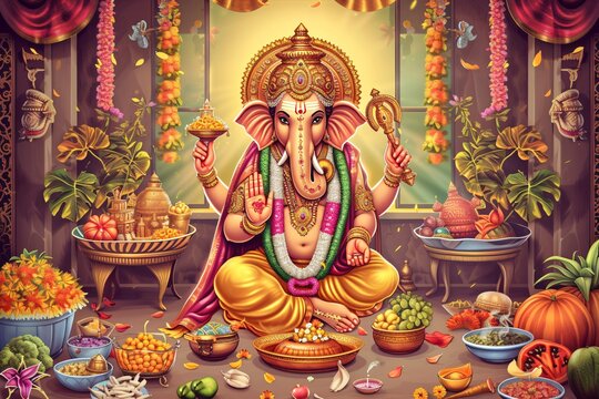 Prasad to elephant headed god Lord Ganesha on chaturthi with Pooja Thali. Ganesh Chaturthi. Anant Chaturdashi. Hindu religion and Indian celebration of Ganesha festival. Illustration for greeting card