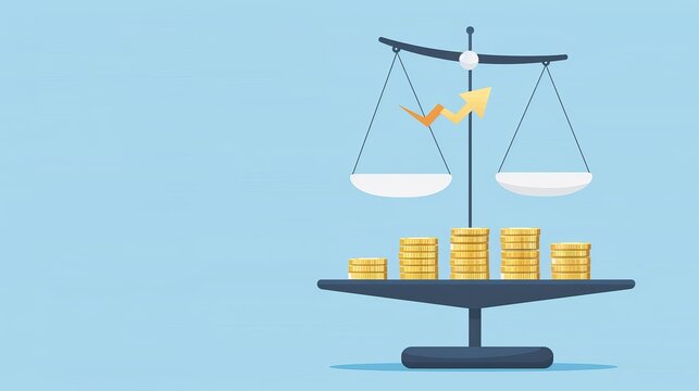 A balancing scale with one side representing risk with a fluctuating stock price graph and the other side showing reward with gold coins and a successful arrow