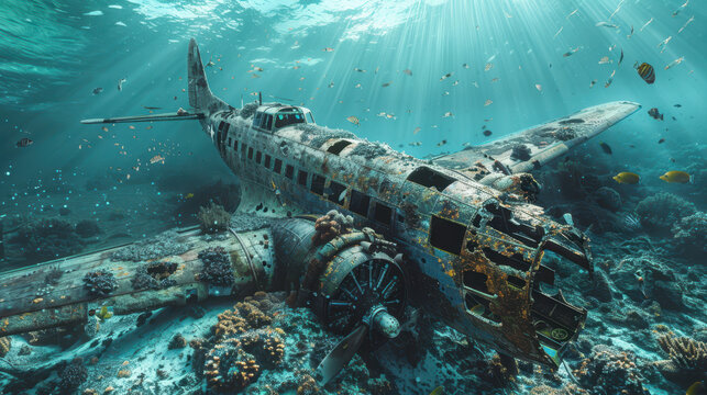An old plane from the Second World War sunk a long time ago at the bottom of the ocean