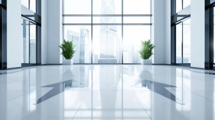 Fototapeta premium A contemporary office with clean lines, large windows, digital screens, and arrows symbolizing progress, innovation, and successful investments