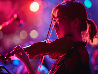 Fototapeta premium A captivating performance featuring musicians and AI, with an orchestra on stage, vibrant lighting, and an engaged audience, showcasing the blend of human talent and artificial intelligence in a grand