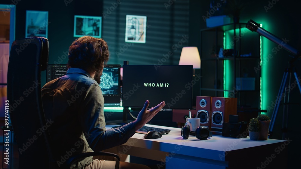 Poster happy programmer celebrating after managing to make ai become sentient and ask questions about itsel