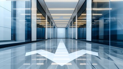 Obraz premium A modern office with metallic arrows highlighted by dramatic lighting, reflections on glass walls creating a sense of urgency and ambition
