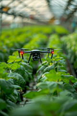 A drone flying over green plants in a greenhouse, showcasing the use of modern technology in agriculture for monitoring plant health and precision farming