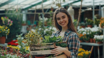 Beautiful young farmer girl smiling at the camera while holding a basket with plants and vegetables
