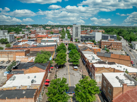 Aerial view of Fayetteville North Carolina downtown business district, main street in Cumberland county First Baptist Church. government buildings