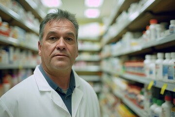 Fototapeta premium An experienced male pharmacist standing in a pharmacy, symbolizing expertise and professionalism in healthcare. Perfect for medical and professional themes.