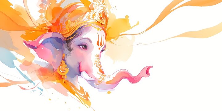 Watercolor illustration of elephant headed hindu god Ganesha, Lord Vinayagar on white background. Ganesh Chaturthi. Anant Chaturdashi. Hindu religion and Indian celebration of Ganesha festival