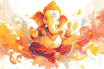 Watercolor illustration of elephant headed hindu god Ganesha, Lord Vinayagar on white background. Ganesh Chaturthi. Anant Chaturdashi. Hindu religion and Indian celebration of Ganesha festival