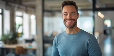 Obraz premium A smiling man standing in a modern office, showcasing a positive and professional work environment. Perfect for business and professional themes.