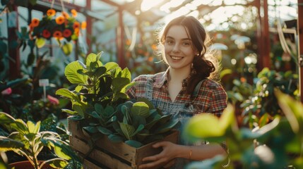 Obraz premium Beautiful young farmer girl smiling at the camera while holding a basket with plants and vegetables