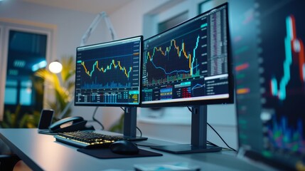 An investment analyst's workstation with multiple monitors displaying real-time financial charts. Arrows in vivid hues highlight key trends. The setting includes modern office equipment