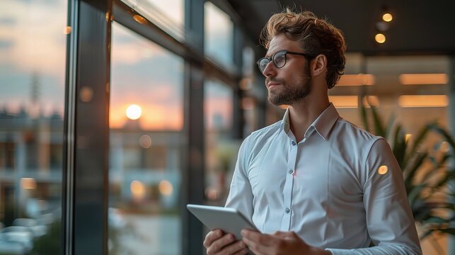 young businessman using a digital tablet while looking out the window in an office