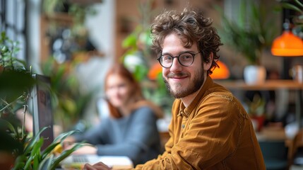 young designer working late with his colleague blurred in the background