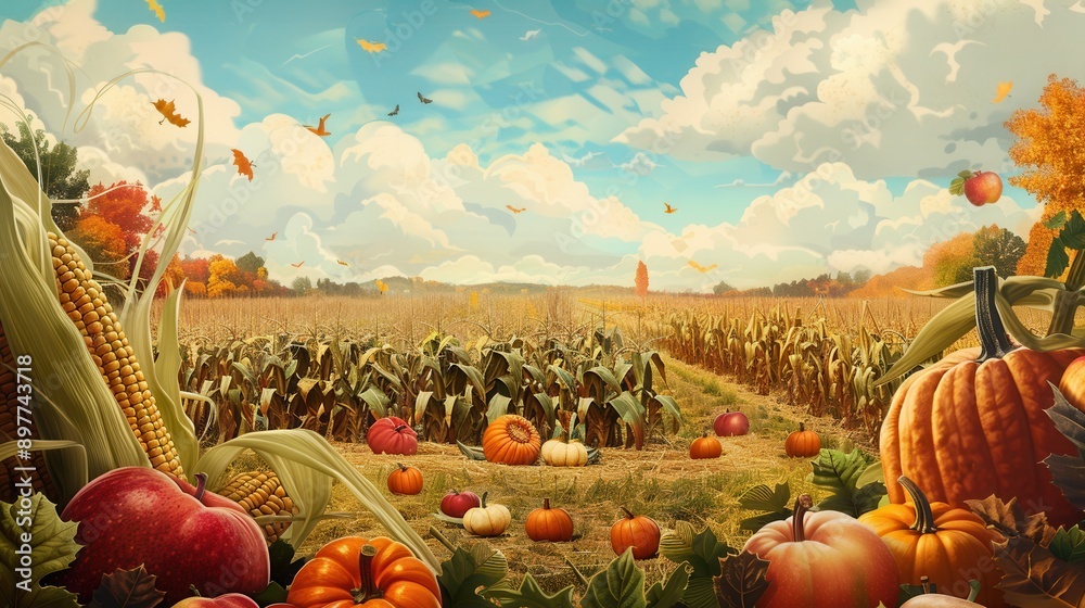 Poster a bountiful autumn harvest in a field of corn stalks with ripe pumpkins and red apples scattered acr