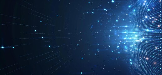 Blue digital technology background with glowing dots and lines.