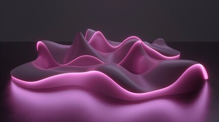Fototapeta premium 3d render of a wavy and curvy abstract shape with pink neon lights, forming peaks and valleys on a dark background