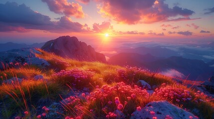Mountaintop Wildflowers Bask in Golden Hour Sunset