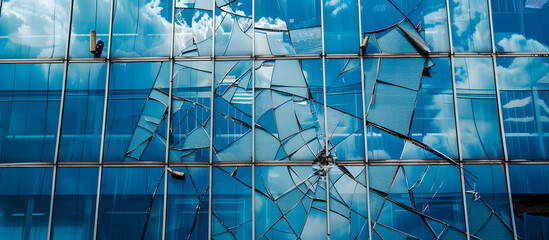 High-rise building with a shattered blue window set against a backdrop with abundant copy space image.