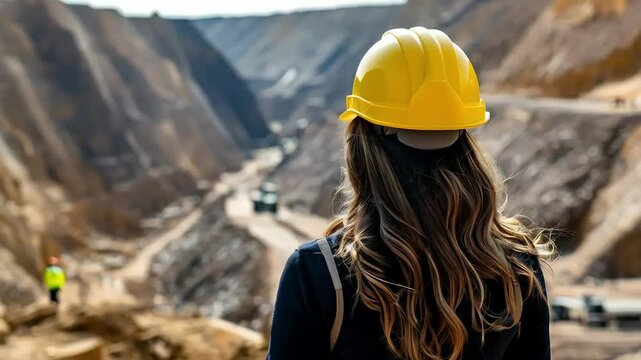 business girl, mining site, back view, calm scene, 4k video footage