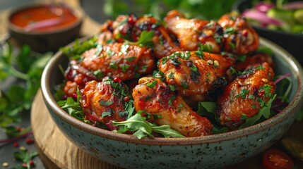 Grilled Chicken Wings with Fresh Greens in Ceramic Bowl.