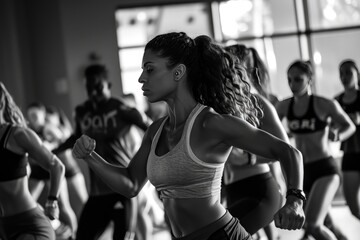 inspirational fitness instructor leading a high-energy group workout music and sweat fueling motivation