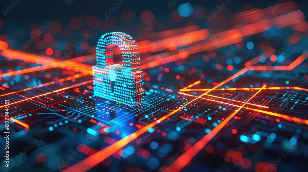 Poster abstract tech lines with a padlock icon, emphasizing the importance of network security.