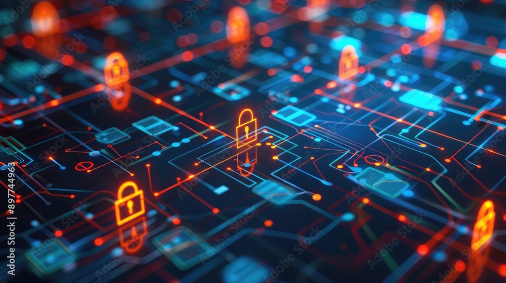 Poster abstract tech lines and shapes with padlock icons, illustrating modern network security solutions.