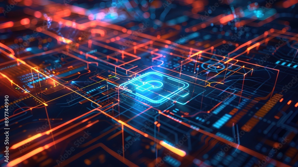 Poster abstract tech lines with a padlock icon, emphasizing the importance of network security.