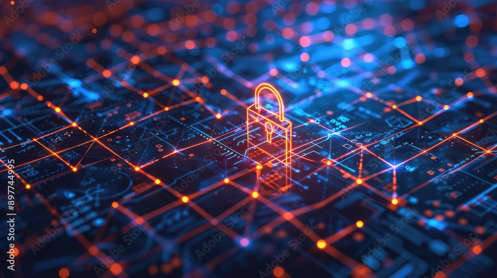 Poster abstract tech lines with a padlock icon, emphasizing the importance of network security.