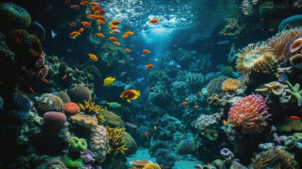 A serene scene of a reef tank with vibrant coral and exotic fish