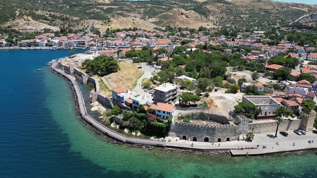 Eski Foca aerial drone view, a popular resort on the Aegean coast in Izmir, Turkey
