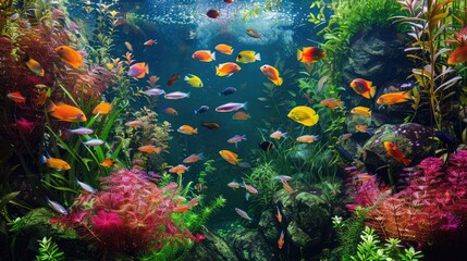 A vibrant aquarium filled with colorful tropical fish swimming among lush aquatic plants.