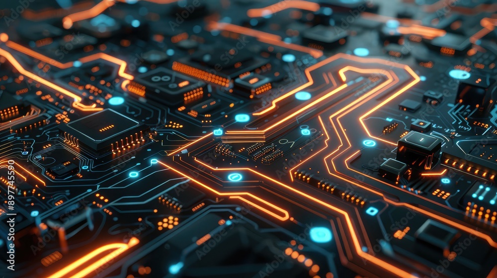 Poster abstract 3d circuit board design with glowing pathways and intricate patterns.