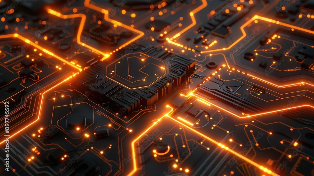 Poster abstract 3d circuit board design with glowing pathways and intricate patterns.