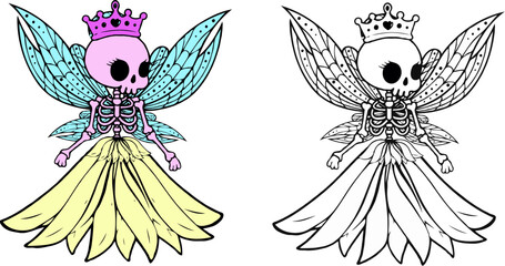 kawaii Skeleton Fairy Queen SVG Illustration, halloween clipart, color version and coloring pages version ideal for sublimation