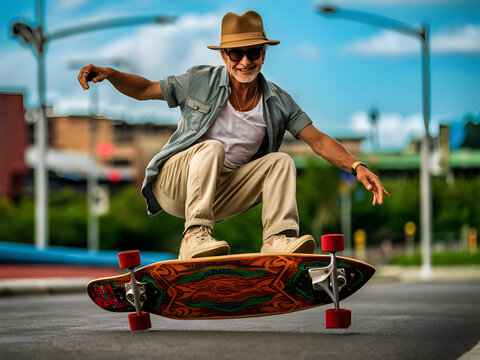Anciano navegando con gracia en una patineta
